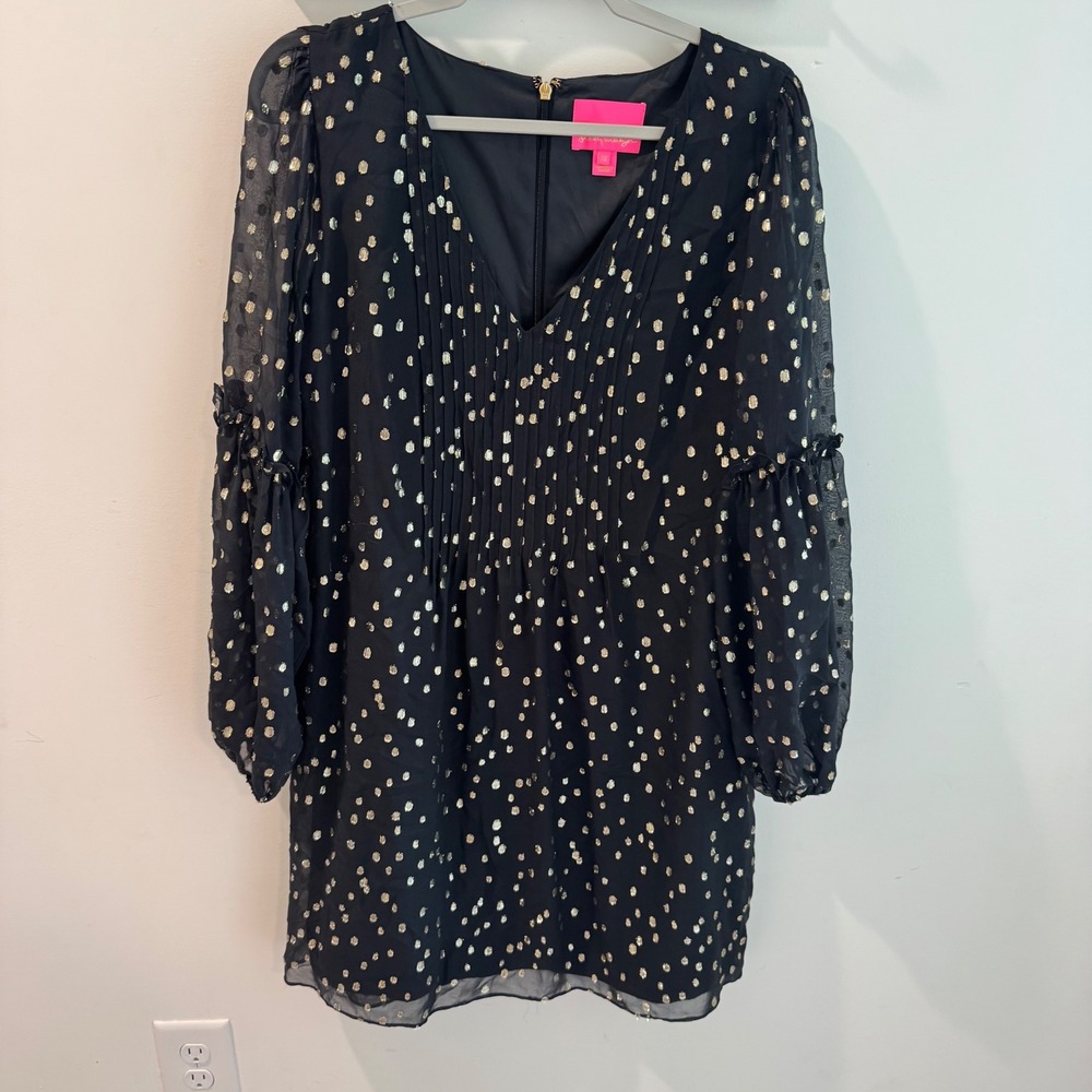 Lilly Pulitzer Cleme Black Gold Metallic Silk Polka Dot V-Neck Dress Size 12